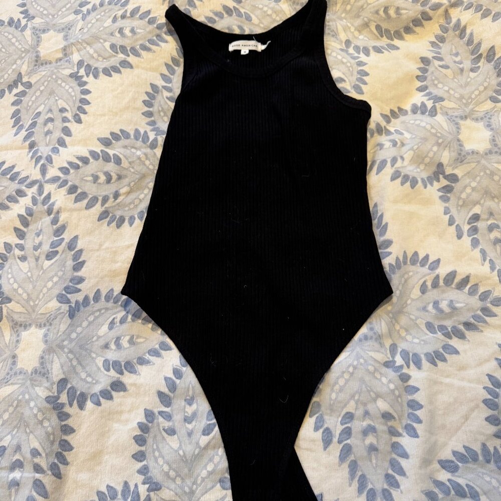 Good American Black Ribbed Tank Thong Bodysuit, Size 2/M